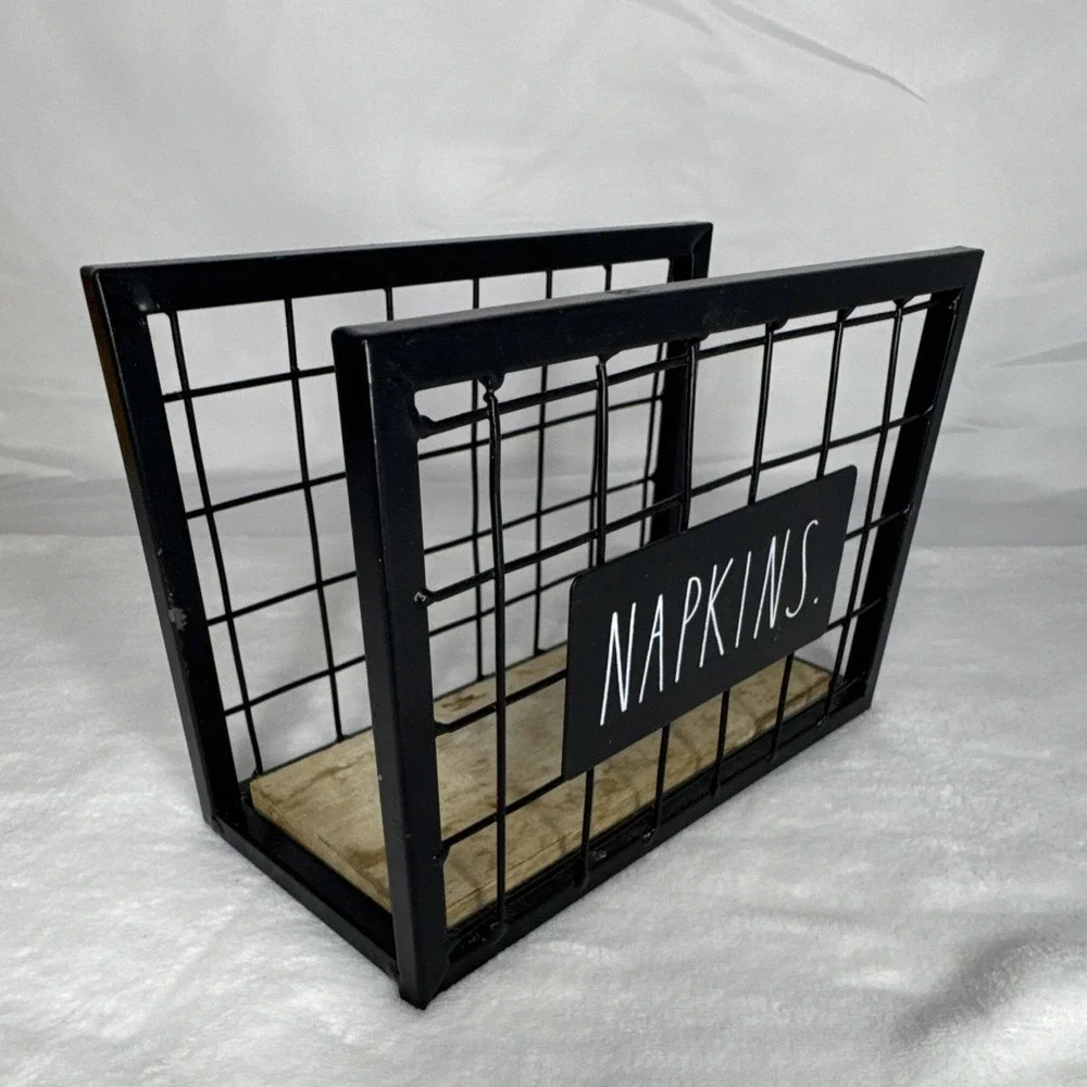 Rae Dunn NAPKINS Black Metal Wire & Wood Napkin Holder, Freestanding